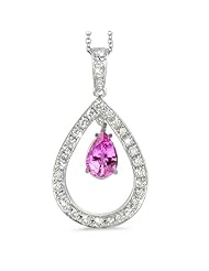Twin Pear Shaped Diamond Pendant In 18K White Gold With A 0.75 ct. Genuine pink-sapphire Center Stone.