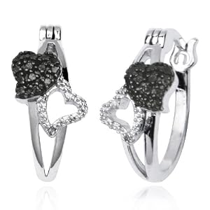 Sterling Silver Black and White Diamond Heart Hoop Earrings