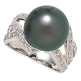 14k White Gold, Diamond & Tahitian Black Pearl Ring (0.38ctw)- Sizes 6-8