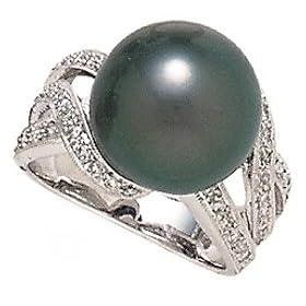 14k White Gold, Diamond and Black Tahitian Pearl Ring (0.38ctw)- Sizes 6-8, 6 by