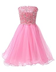 Strapless Short Crystal Lace-Up Sequined Beaded Organza/Satin Homecoming Dress/Bridesmaid Dress 