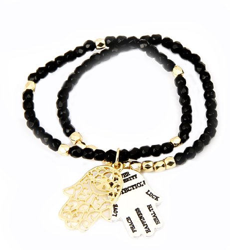 Inspirational Hamsa Bracelet W /Quotes: Power, Prosperity, Protection, Love, Peace, Happiness, Health, Luck (Black)