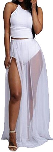 Women Sexy Crop Top Long Chiffon Skirt 2 Piece Set Outfit Slit Beach Club Dress