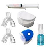Teeth Whitneing kit to use at home with non-peroxide gel, mouth trays and case, a LED lamp to speed up the process, and a pre-treatment spray to improve the whitening process