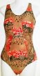 Tan/Coral Shirred Front Missy Swimsuit by In Gear. Sizes 8-16