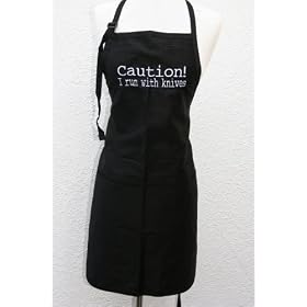 Black "Caution, I Run with Knives" Embroidered Apron