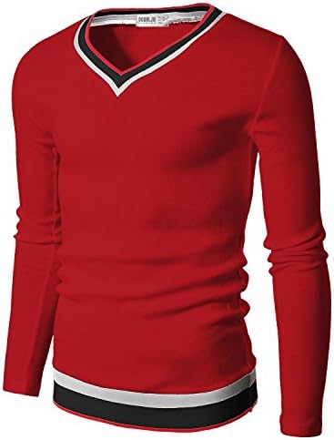 Duublju Mens LINE Point V-NECK KNIT T- SHIRT Red,(US) X-Large