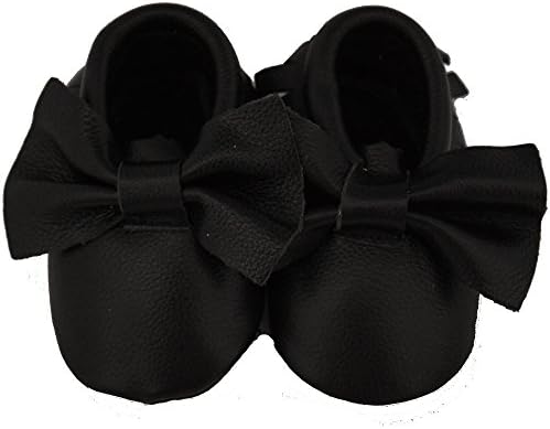 Baby Conda Handmade Black Bow Baby Moccasins * 100% Genuine Leather * Soft Sole Slip on Baby Shoes for Boys and Girls * 100% Money Back Guarantee Size 12 - 18 Months