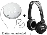 Sony Walkman Portable All-in-one Skip-Free CD Player Digital FM Radio Tuner with Remote Control, Earbud Headphones, 40 preset FM stations, Digital Mega Bass Sound, AVLS and CD-R RW Playback ** Batteries Included ** + Additional Studio Monitor Series Headphones