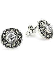Judith Jack Sterling Silver Cubic Zirconia with Marcasite Pave Stud Earrings