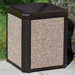 RUBBERMAID Landmark Series Plastic Stone Panel Receptacle with Funnel Top - Brown