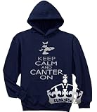 FunkyFilly® Girls 'Silver Keep Calm And Canter On' Navy Blue Hoodie Pullover Jumper Available in Childrens and Adult sizes. Kids ages 5-13 years - Adult sizes S, M, L, XL, XXL