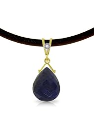 14k Yellow Gold Genuine Diamond and Blue Sapphire Drop Leather Pendant Necklace