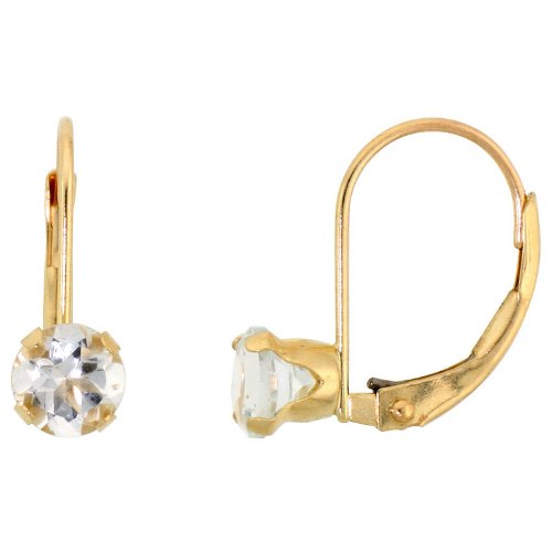 10k Yellow Gold Natural Aquamarine Leverback Earrings 5mm Brilliant Cut March Birthstone, 9/16 inch tall