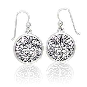 Ancient Tree of Life with Sun and Moon Symbol Round Filigree Sterling Silver Earrings