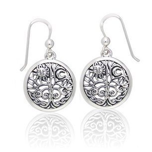 Ancient Tree of Life with Sun and Moon Symbol Round Filigree Sterling Silver Earrings