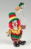 Clown Figurine - Green/Red/Yellow Hat & Balloons, Hand-Painted, Posable, Porcelain, 7 Height