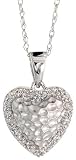 14k White Gold 18 Chain & 7/16 (12mm) tall Hammered Finish Diamond Heart Pendant, w/ 0.10 Carat Brilliant Cut Diamonds