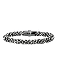 Silver Ruthenium Plated 7.50" Polish Round Beaded Stackable Bangle With Clear Cubic Zirconia And Magnetic Clasp
