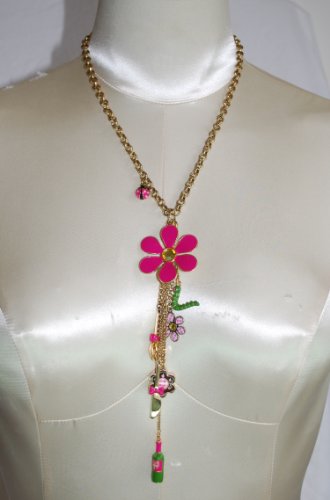 Betsey Johnson Picnic Pink Flower Multi Charms Y Necklace