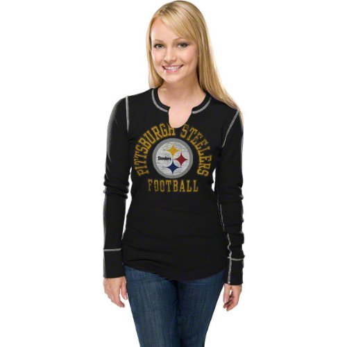 NFL Women's Pittsburgh Steelers Gameday Gal III Long Sleeve Split Crew Neck Thermal Tee (Black/White, Medium)