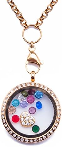 Gold 30mm Living Floating Charm Memory Locket with Crystals Necklace 32 Inch Rolo Stainless Steel Chain 12 Birthstones &amp; Crystal Heart Charm