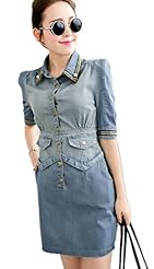 Cotton/Denim  Pleated  Dress With Pearls