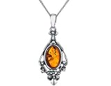 Antique Vintage Amber Drop Pendant in Sterling Silver .925 with Chain