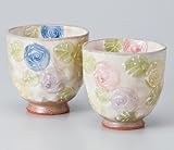 バラの園湯呑（大、青・小、赤セット）　　【千茶 美濃焼】