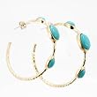Three Stone Blue Turquoise Gemstone Hoop Earrings in Matte Gold Plated Brass, 1 1/2" Diameter, #7417