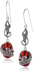 Sterling Silver Marcasite and Red Glass Oval Wire Earrings