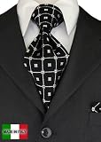 Woven Silk Mens Necktie + Pocket Square Hand Made in Italy By Valenti Ties and Hanky Set Black White