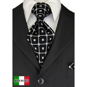 Woven Silk Mens Necktie + Pocket Square Hand Made in Italy By Valenti Ties and Hanky Set Black White