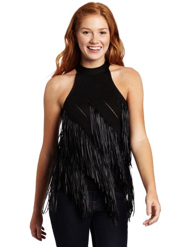 XOXO Juniors Sweater Fringe Halter Top, Black, Medium