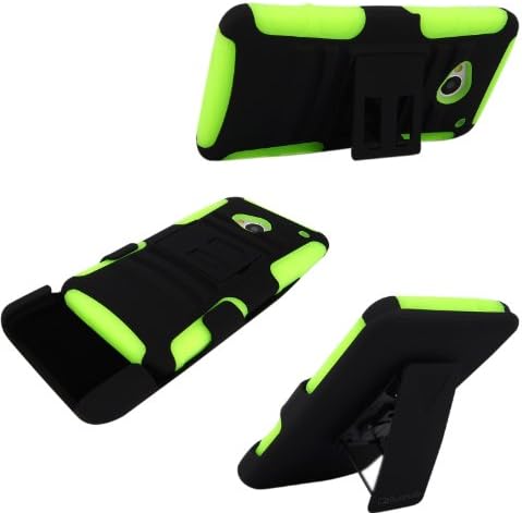 For HTC One M7 CellularvillaTM Black/Green 3PC 3-in-1 Hard and Soft Kickstand Case with Holster Belt Clip. (Black/Green)