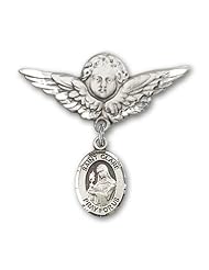 Sterling Silver Baby Badge with St. Clare of Assisi Charm and Angel W/wings Badge Pin, Catholic Saint Clare Patron Saint of Embroiderers, Eye Disorders, Television, Tv, Gliders, Gold, Goldsmith, Gold Workers, Good Weather, Laundry Workers, Needle Workers. Telegraphs, Telephones, Television Writers
