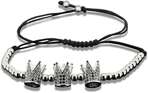 Black Zircon Copper Imperial Crown Charm Beaded Macrame Bracelet Men White Silver