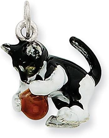 Silver Enamel Cat Playing with Red Ball Charm. Metal Wt- 2.75g