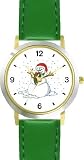 Snowman or Snow man with Scarf Christmas Theme - WATCHBUDDY&reg; DELUXE TWO-TONE THEME WATCH - Arabic Numbers - Green Leather Strap-Women's Size-Small
