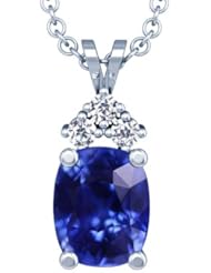 14K White Gold Cushion Cut Blue Sapphire And Round Diamond Pendant