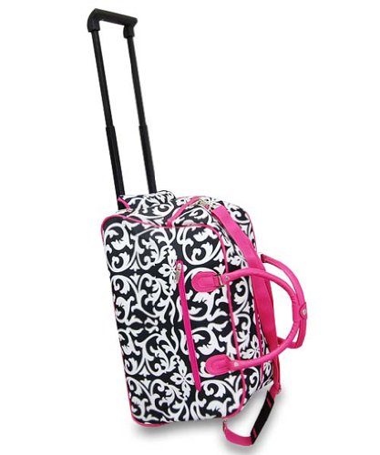DAMASK WITH PINK TRIM ROLLING DUFFLE BAG & MATCHING MESSENGER TRAVEL SLING DAMASK WITH PINK TRIM ROLLING DUFFLE BAG & MATCHING MESSENGER TRAVEL SLING
