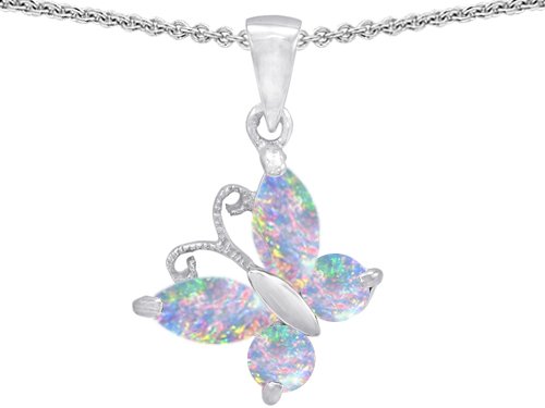 :2.20 cttw 14k White Gold Plated 925 Silver Butterfly 1 inch Pendant Made with Created Opal