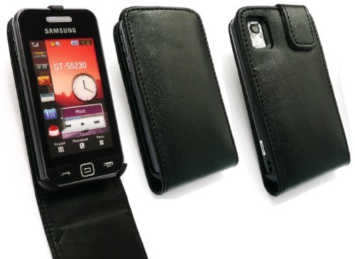 EMARTBUY SAMSUNG S5230 TOCCO LITE PREMIUM PU LEATHER BLACK FLIP CASE/COVER/POUCH WITH BUILT IN HOLDER + SCREEN PROTECTOR