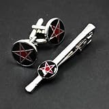 FashionOn Designer Formal Contemporary Round Black Red Silver Tie Pin and Cufflinks Set with Presentation Box