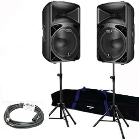 2 Behringer Eurolive B415DSP Powered PA Speakers + 2 Samson TS50 - Tripod Monitor Stands + 2, 20'... by 