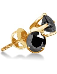 14K Yellow Gold Round Brilliant Cut Black Diamond - Classic Traditional 1 One Single Stone Solitaire Shape Prong Set Studs Earrings with Secure Screw Back Closure - (1.50 cttw.)