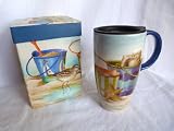 Sandy Days Latte Travel Mug - Features a Beach Scene with Starfish, Pail, Shovel and Shore Bird