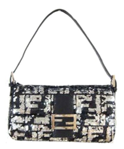 Fendi 8BR000 Black and Silver Sequined Zucca Baguette womens handbag