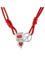 DOMO White Bronze Red Glass "Love, Peace, Hope" Red Silk Cord Necklace, 17"