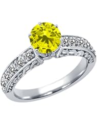 1.10 Ct Round Canary and White Diamond 14K White Gold Ring